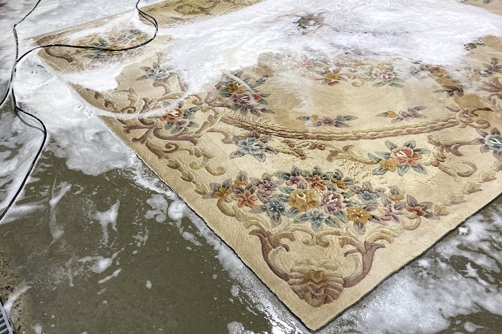Dr. Carpet18 technician deep-cleaning an ornate rug with a controlled wash inside the professional facility